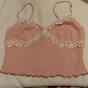 Shein Crop Top. Size L. Color Pink with White Lace Trim.